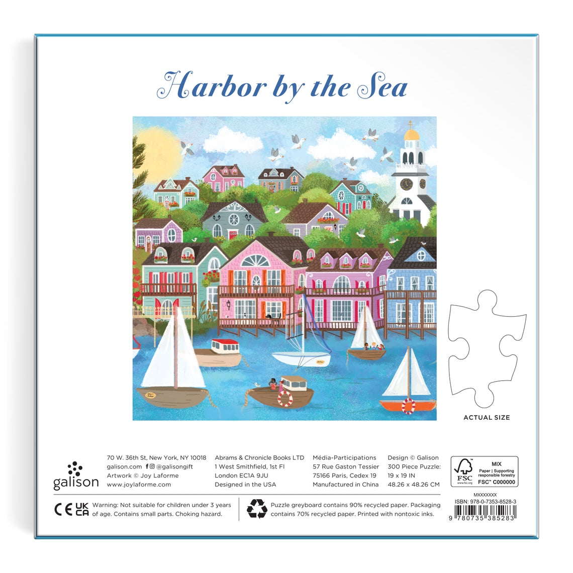 Joy Laforme Harbor By the Sea puzzle featuring a coastal harbor scene with boats on water and lighthouse details.