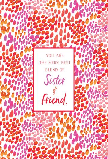 White greeting card with 'Sister & Friend' text on front and birthday message inside.
