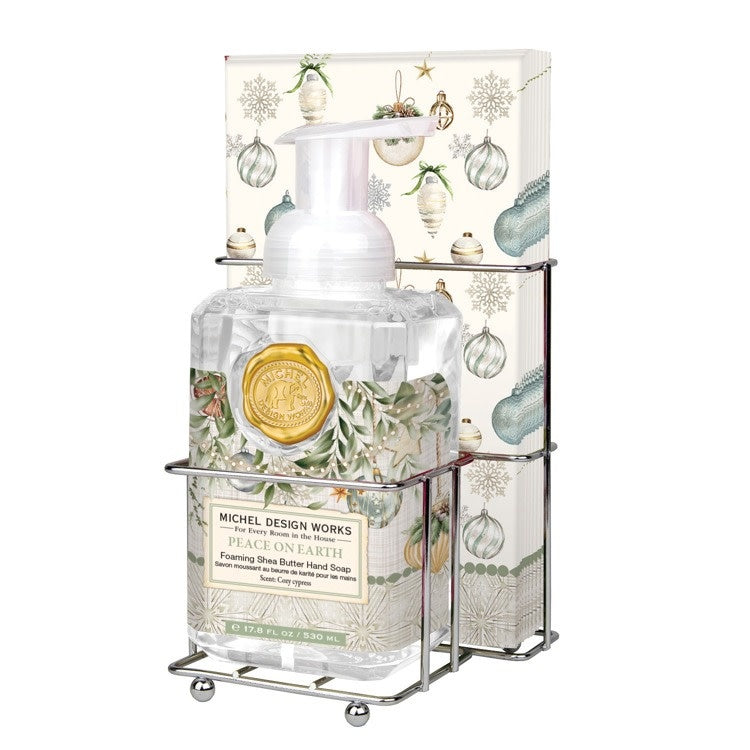 Foaming hand soap dispenser with matching napkin holder set in neutral tones