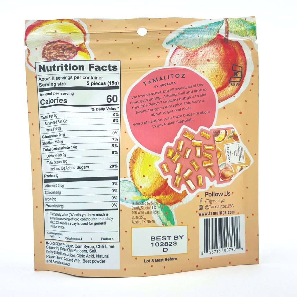 Ribbon-style peach candy filled with mild chili powder, lime juice, and sea salt.