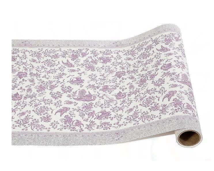 Lilac paper table runner with Regal Peacock print pattern and decorative border