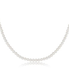 Classic pearl choker necklace featuring a single layer of 3mm crystal pearls on an 17-inch chain.