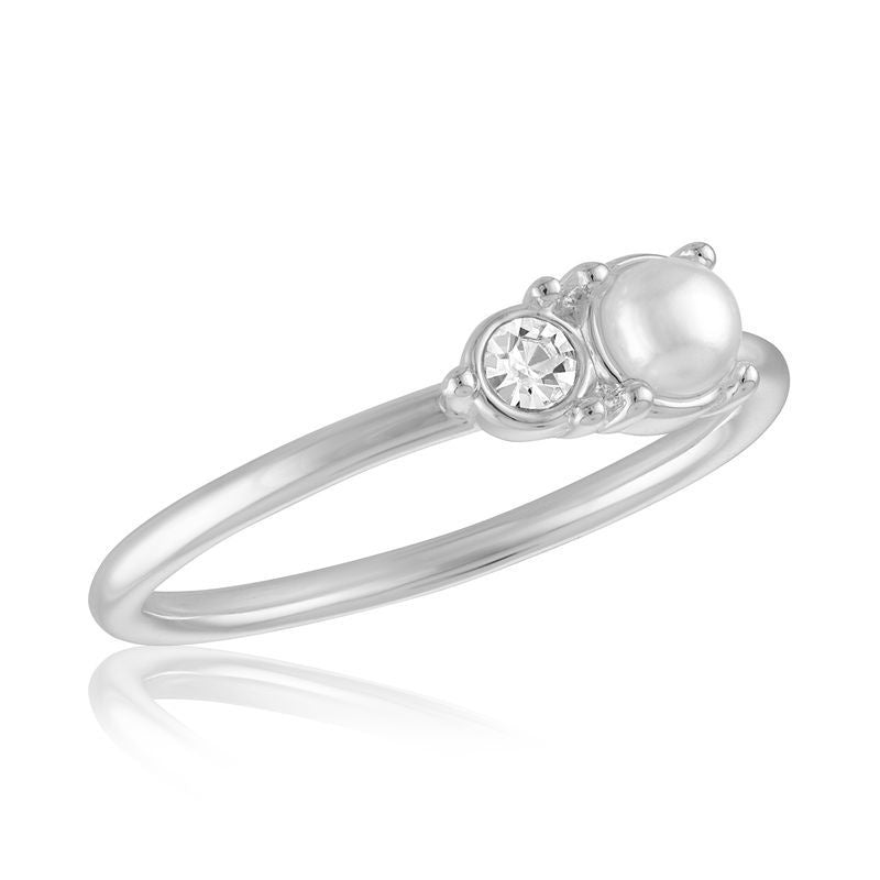 Silver-tone stack ring featuring a luminous pearl paired with a clear cubic zirconia stone.