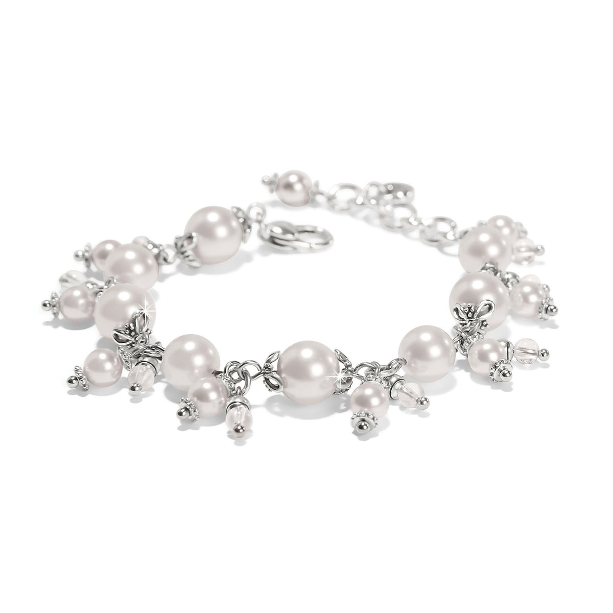 Silver-plated adjustable bracelet featuring fine quality glass pearls in a modern lobster claw closure.