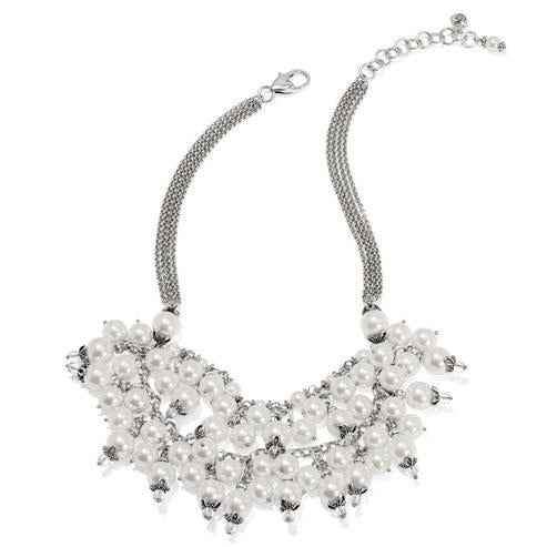 Silver-plated double-strand necklace featuring over sixty-four glass pearls in four sizes with an adjustable chain.