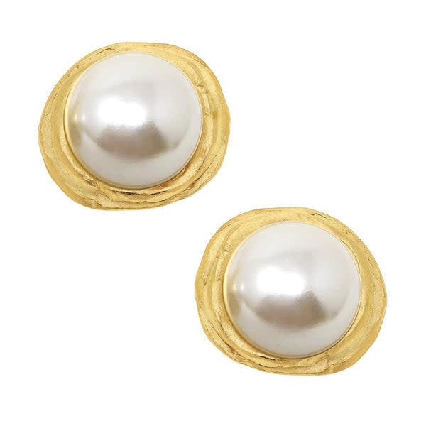 Gold pearl stud earrings with glass cabochons set in hand-molded triple-plated gold.