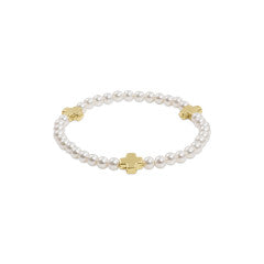 Gold-filled signature cross bracelet with 4mm crystal pearl beads on elastic cord