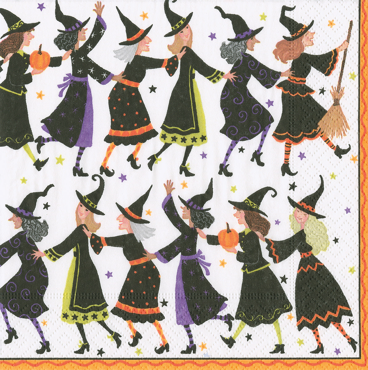 Luncheon napkins featuring a repeating pattern of witches in a conga line on a white background.