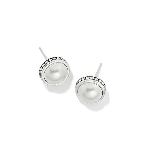 Silver-plated post earrings featuring fine glass pearl cabochons with Balinese pebble and dot textures.