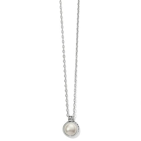 Silver-plated adjustable necklace featuring a glass pearl cabochon with Balinese pebble and dot textures.