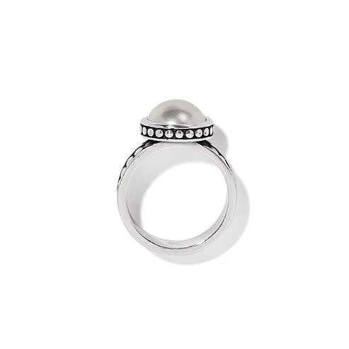 Silver plated wide band ring featuring a glass pearl cabochon with Balinese craftsmanship.