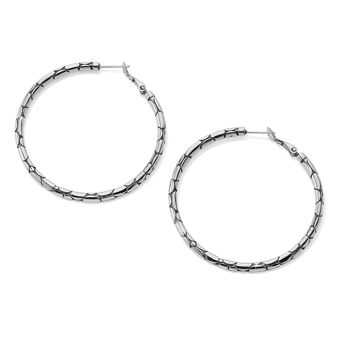 Silver plated large hoop earrings featuring a pebble texture with post lever backs.