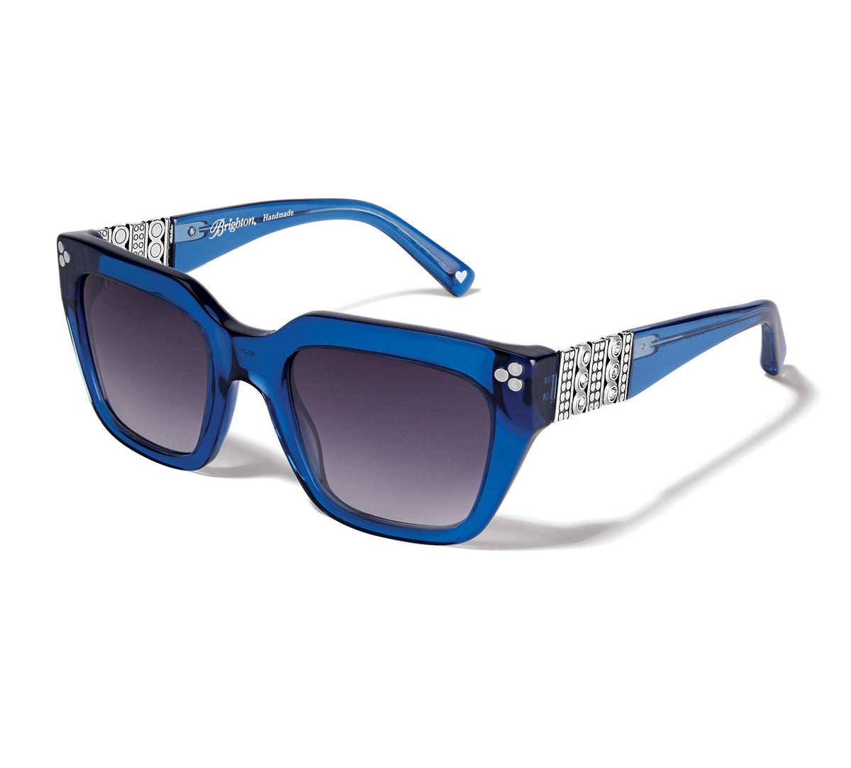 Square blue sunglasses with silver accents and gray lenses offering UVA/UVB protection.