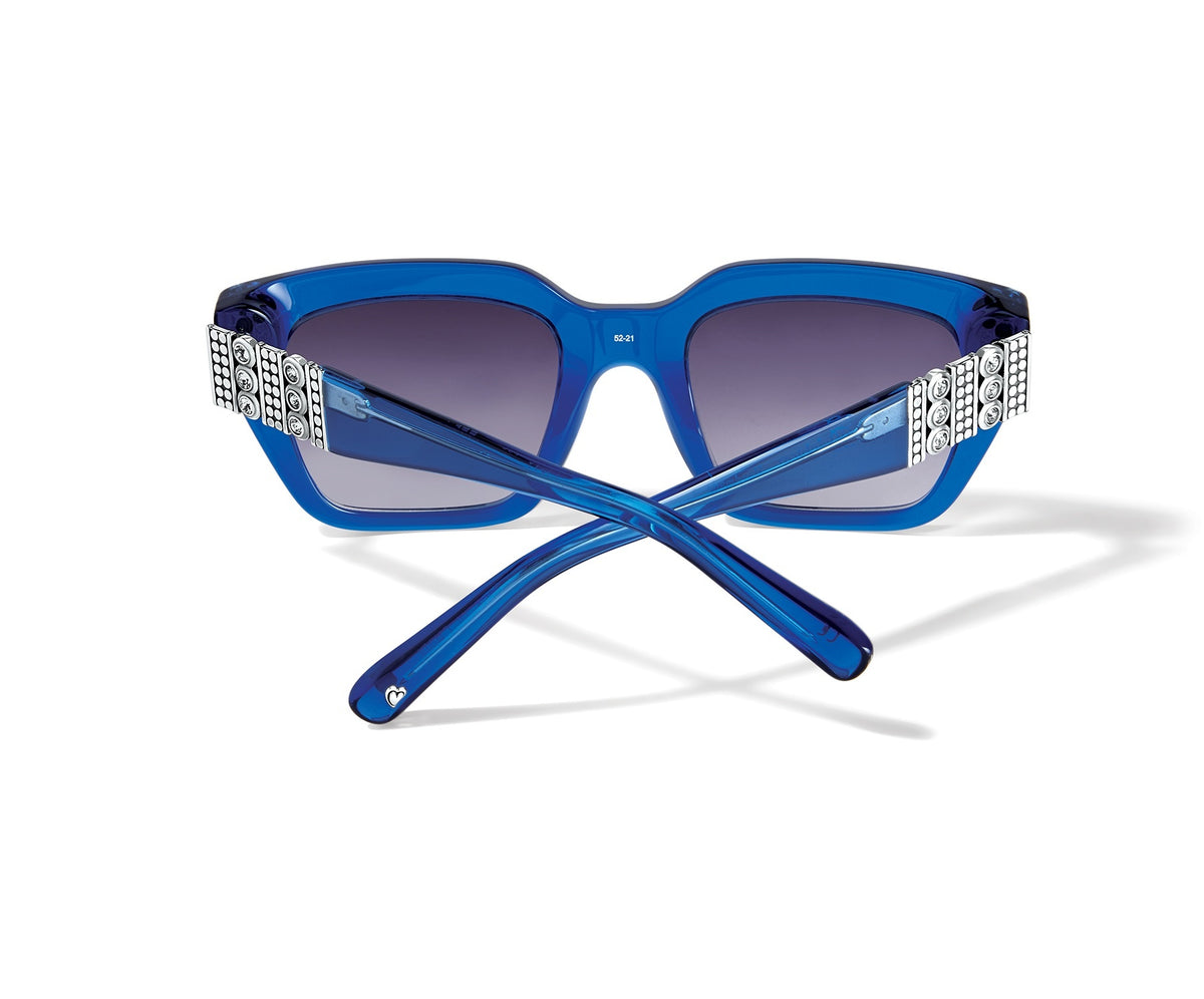 Square blue sunglasses with silver accents and gray lenses
