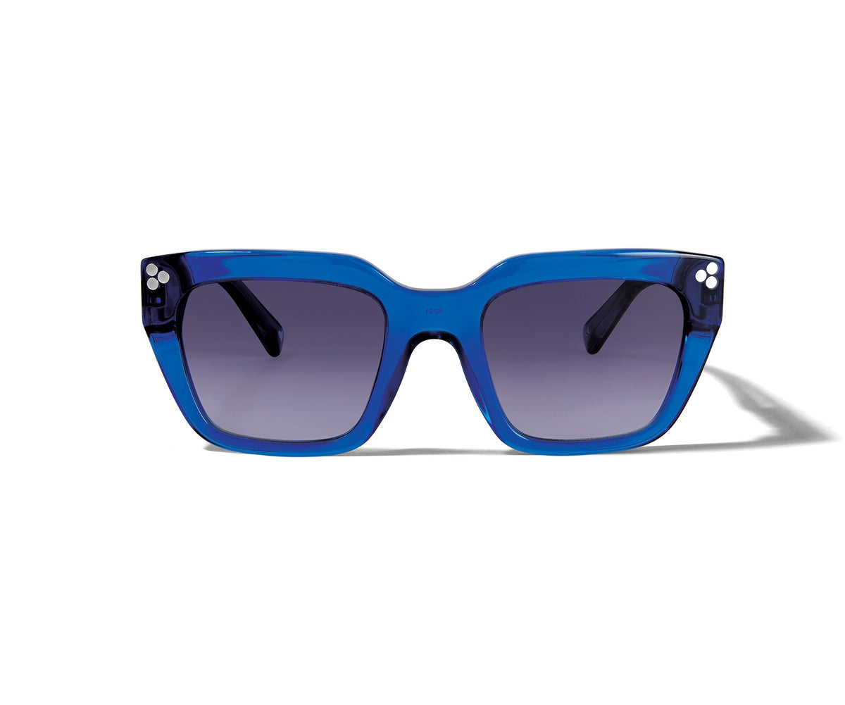 Square blue sunglasses with silver accents and gray lenses offering UV protection.
