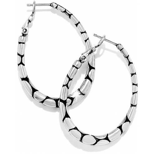 Silver plated oval hoop earring with pebble rock motif texture