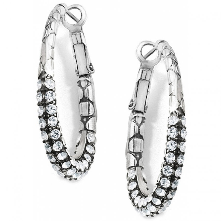 Silver plated hoop earrings with a pebble pave crystal pattern on one side.