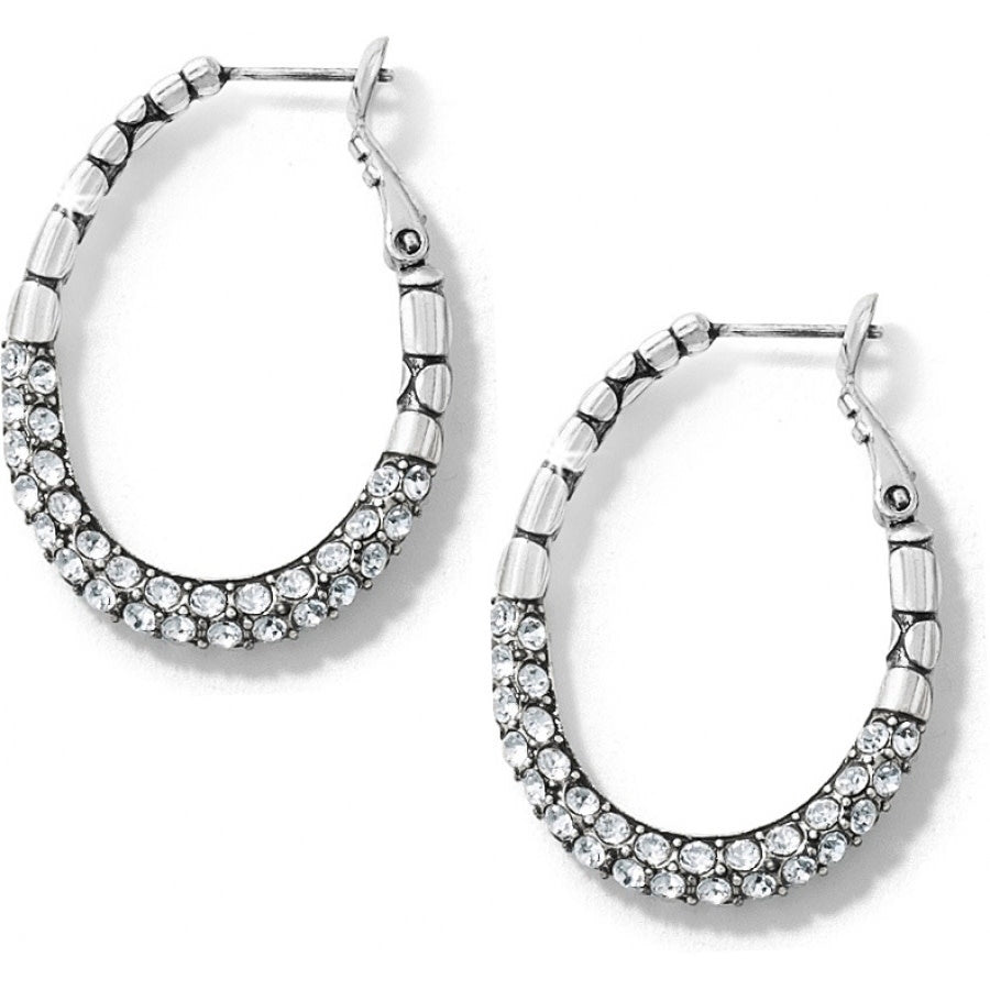 Silver plated hoop earrings with pebble-patterned crystal pave on a post back.