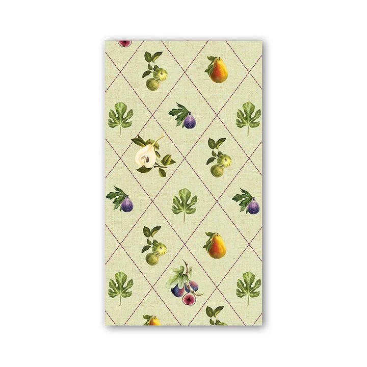Fig & Pear Hostess Napkin featuring a botanical fruit pattern on a light green diamond grid.