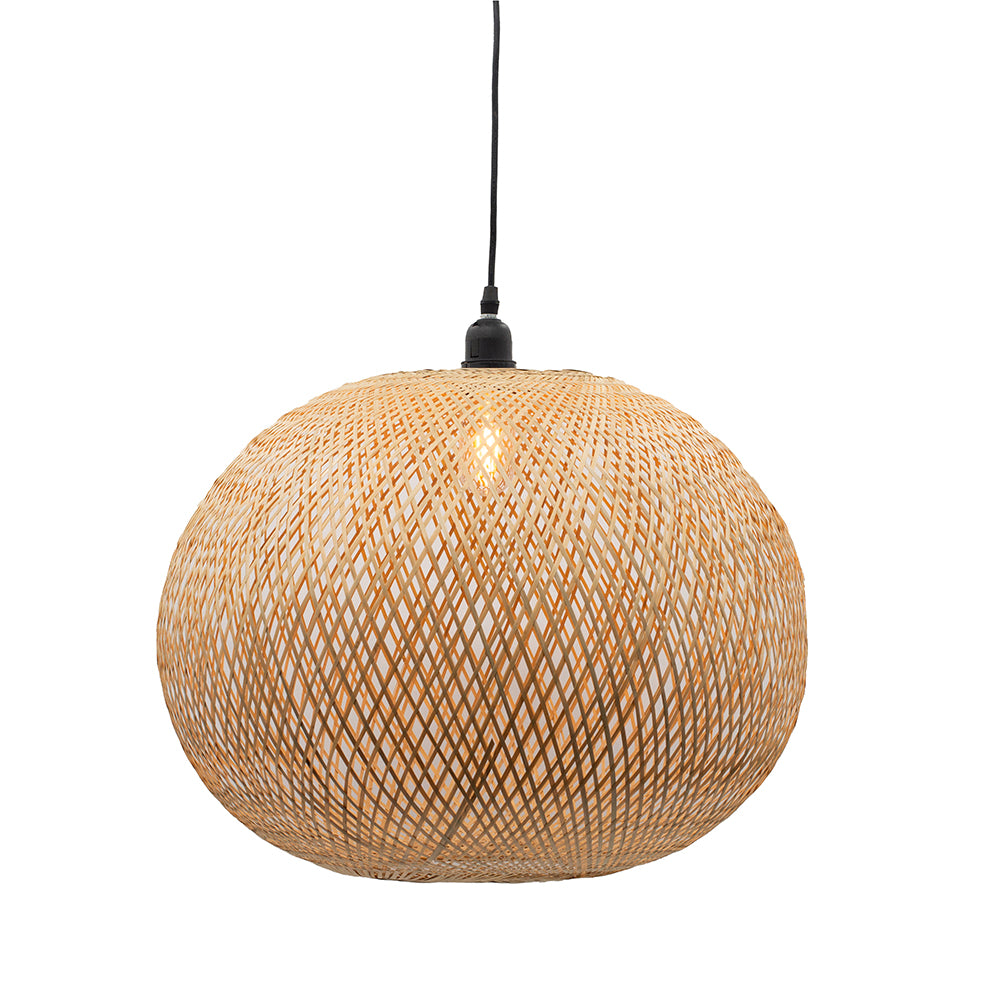 Round woven bamboo chandelier with iron frame in natural tones