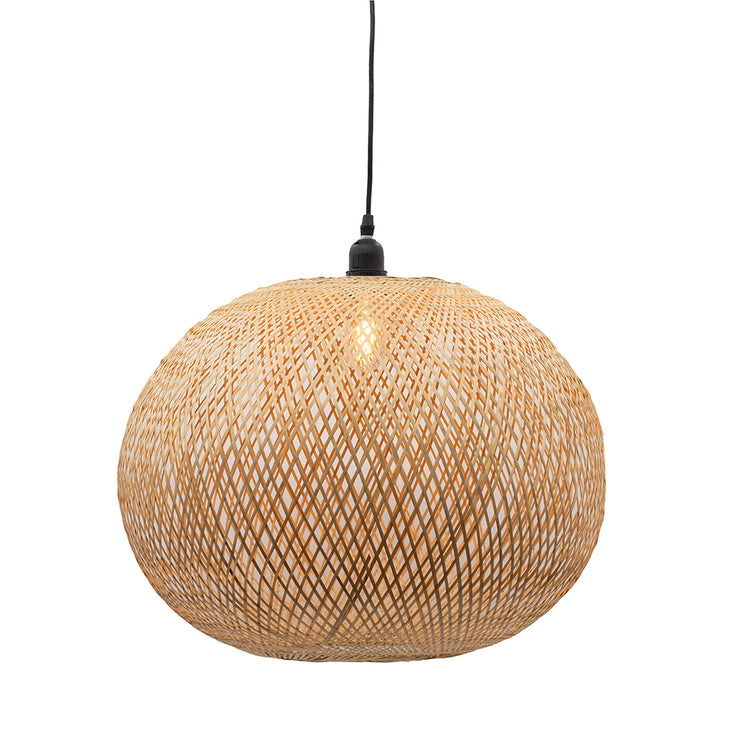 Round woven bamboo chandelier with iron frame in natural tones