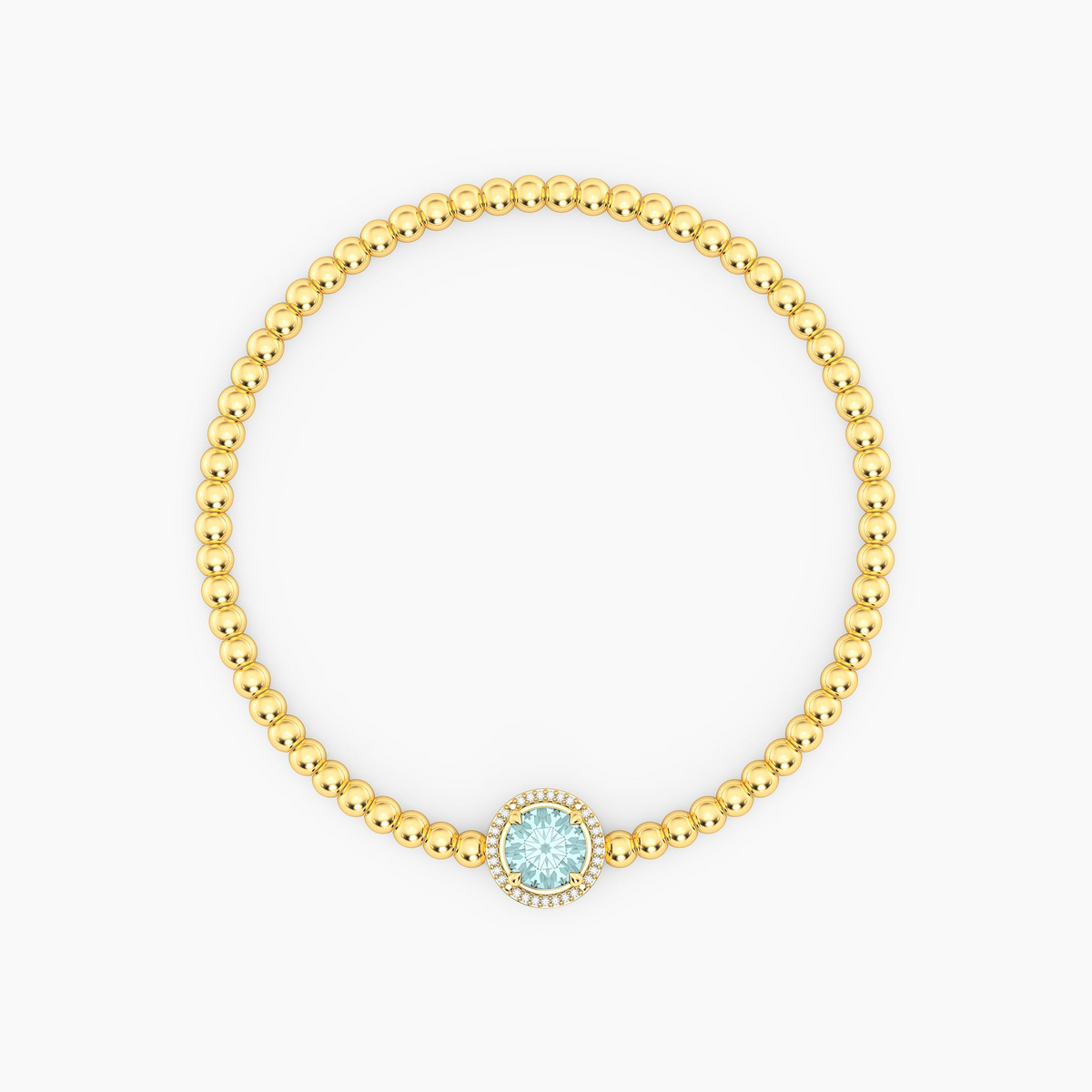 Gold plated beaded bracelet with a round-cut light blue gemstone and diamond halo charm.