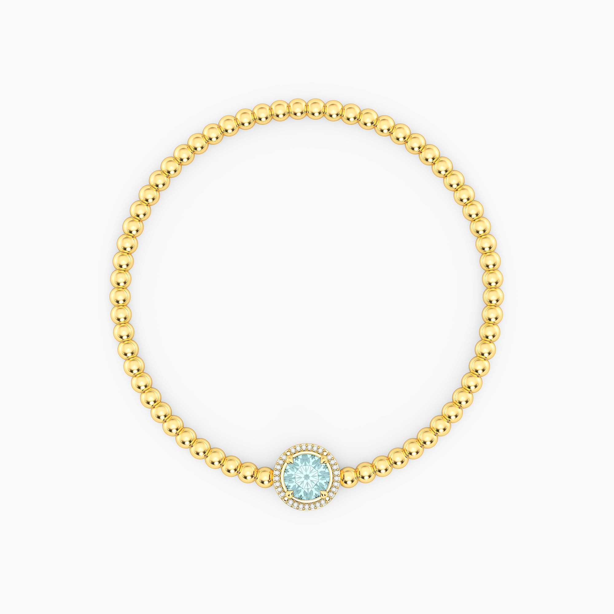 Gold plated beaded bracelet with a round-cut light blue gemstone and diamond halo charm.