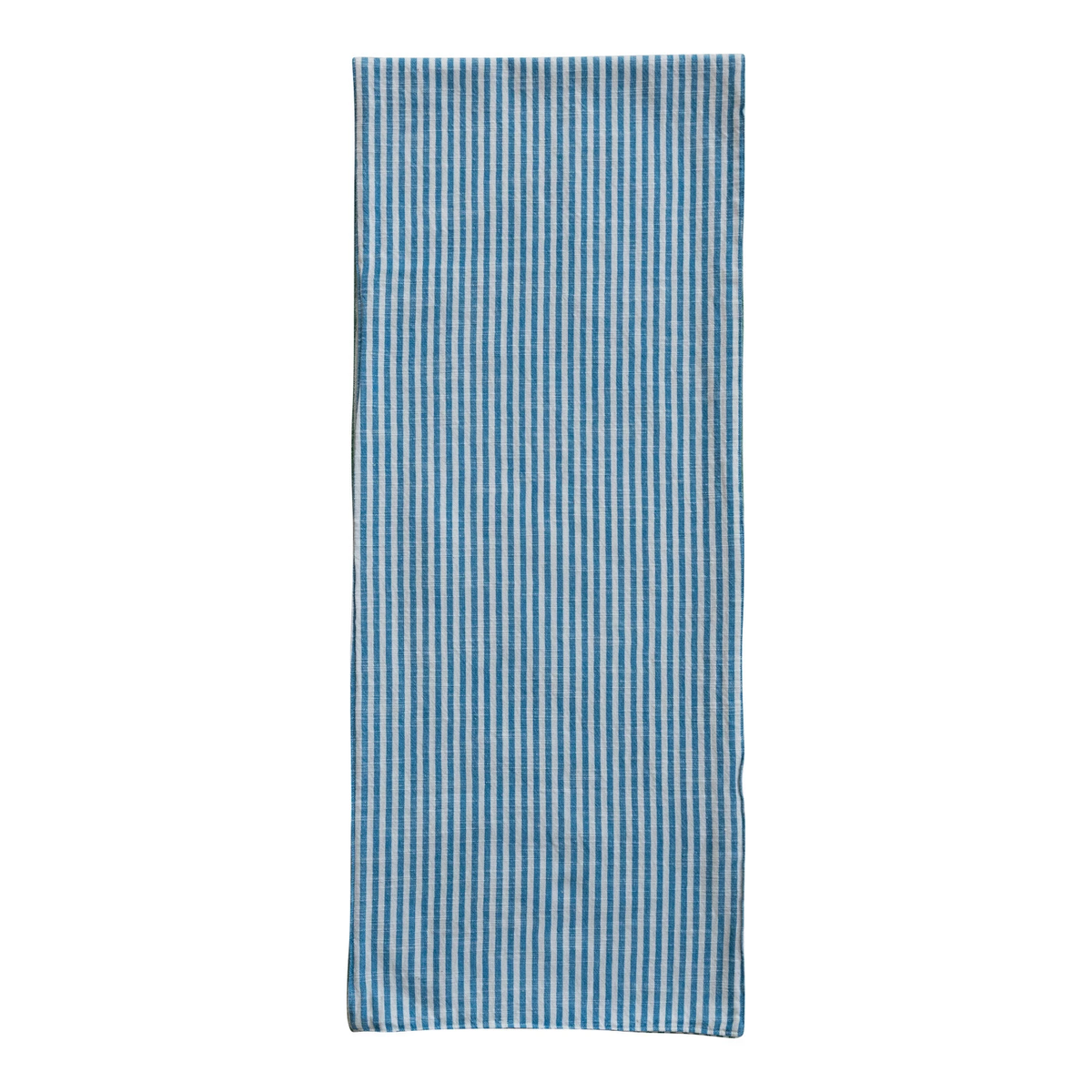 Woven cotton two-sided striped table runner in natural beige with thin dark stripes.