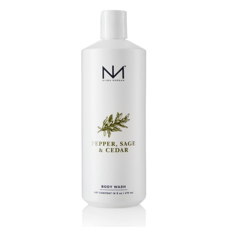 Bottle of Pepper Sage & Cedar Body Wash with earthy green label