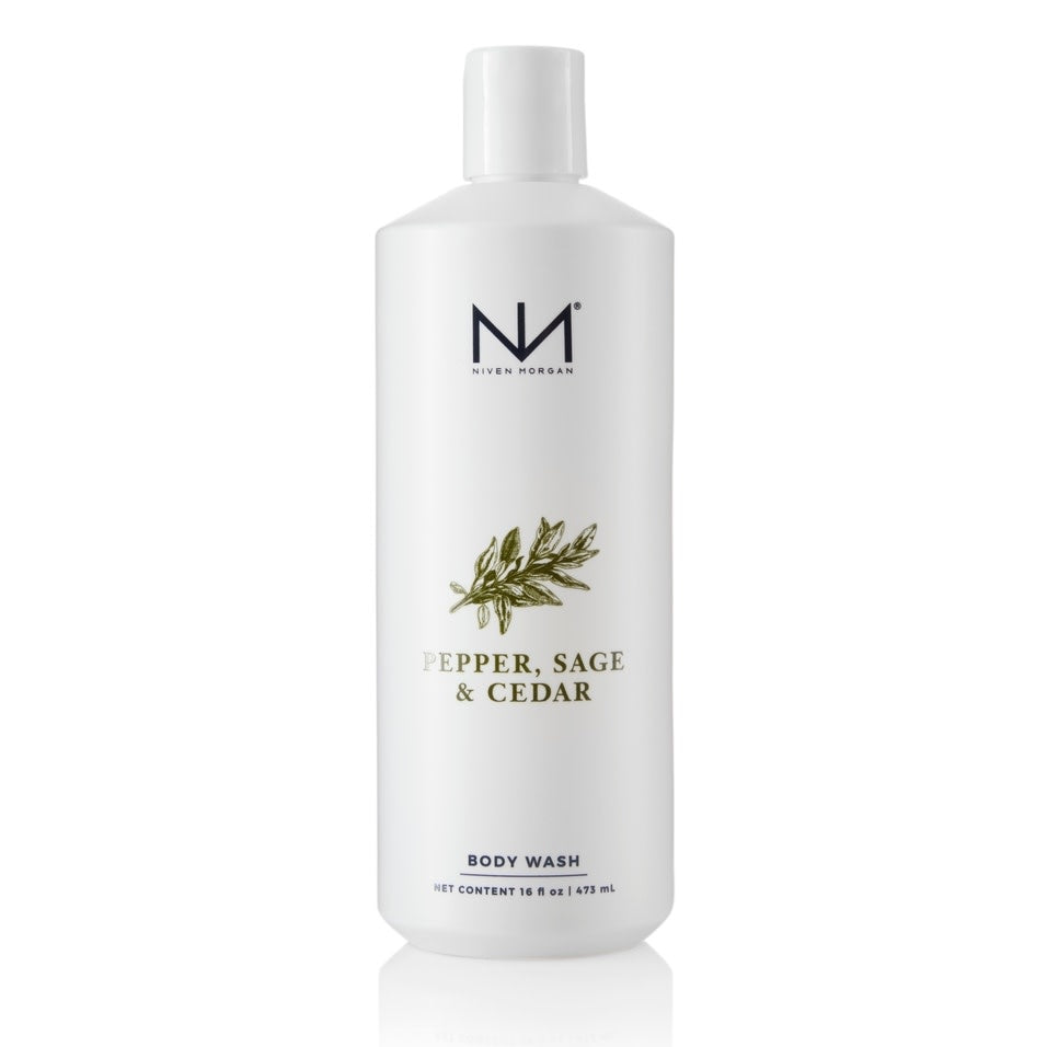 Bottle of Pepper Sage & Cedar Body Wash with earthy green label