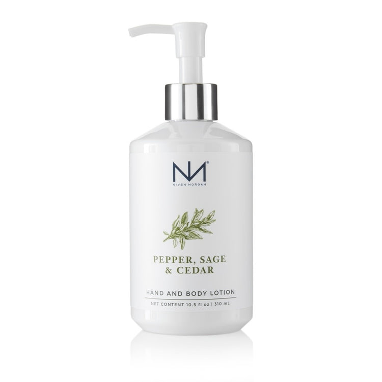 Bottle of Pepper Sage & Cedar Hand and Body Lotion with earthy label