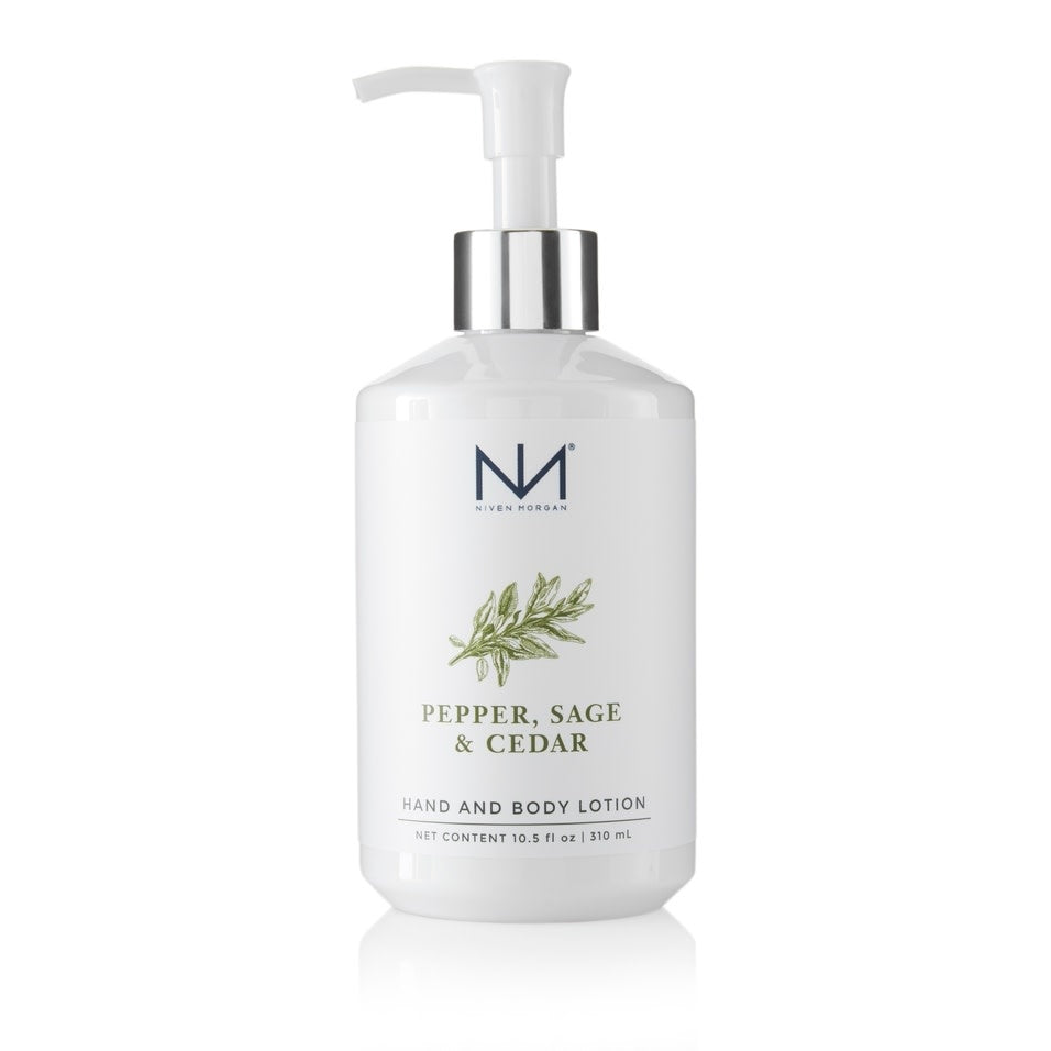 Bottle of Pepper Sage & Cedar Hand and Body Lotion with earthy label