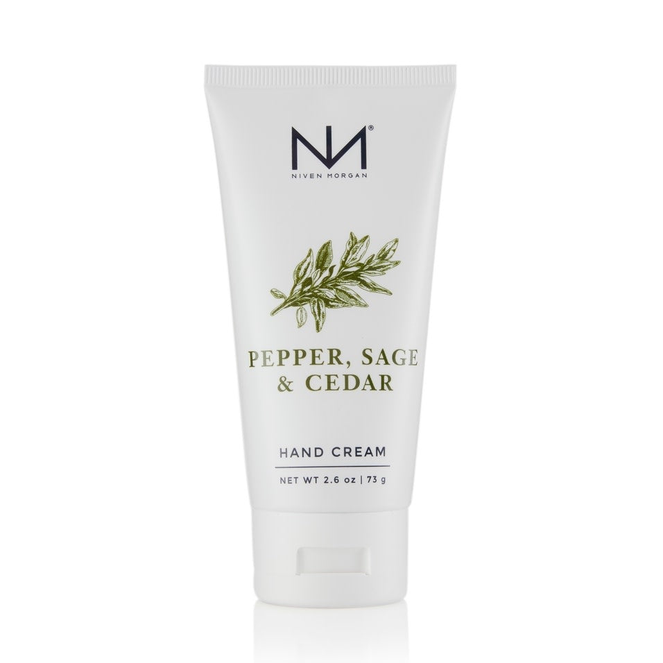 Travel hand cream in a small bottle with Pepper Sage & Cedar scent