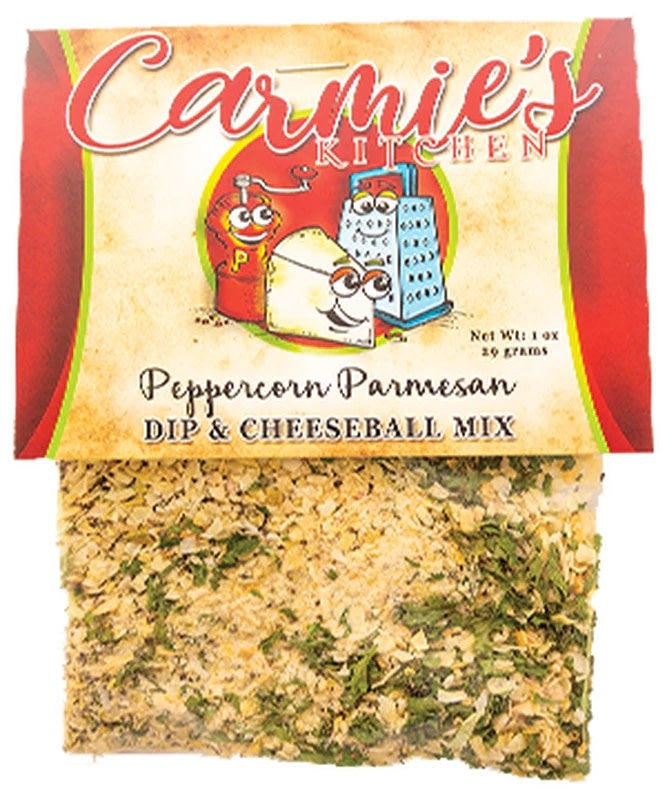 Jar of Peppercorn Parmesan dip with visible speckled seasoning on a white background.