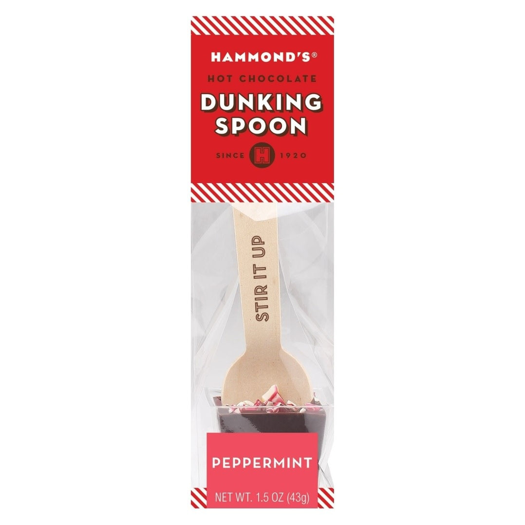 Peppermint dark chocolate dunking spoon with white speckles