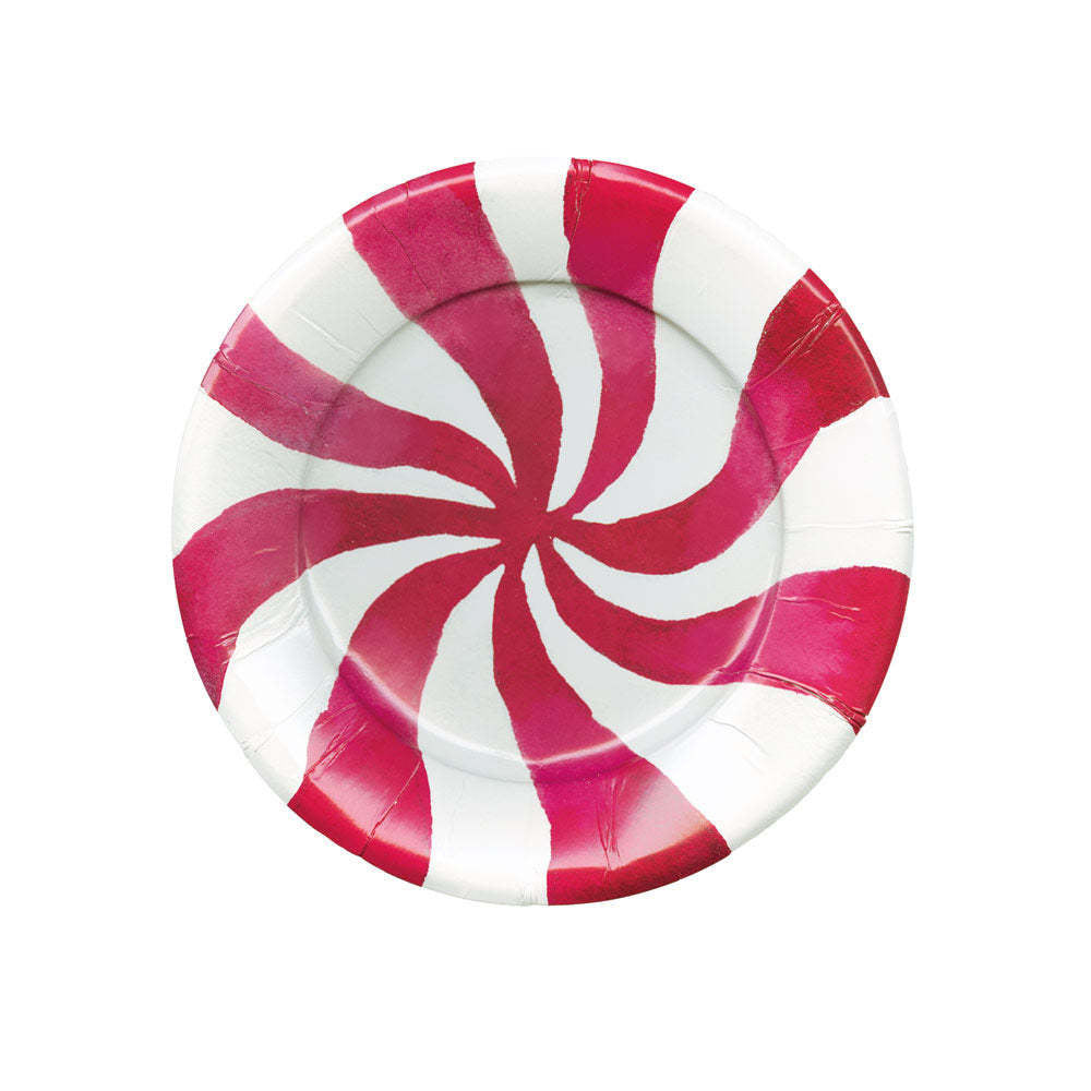 Square peppermint paper plates with porcelain-style rim detailing