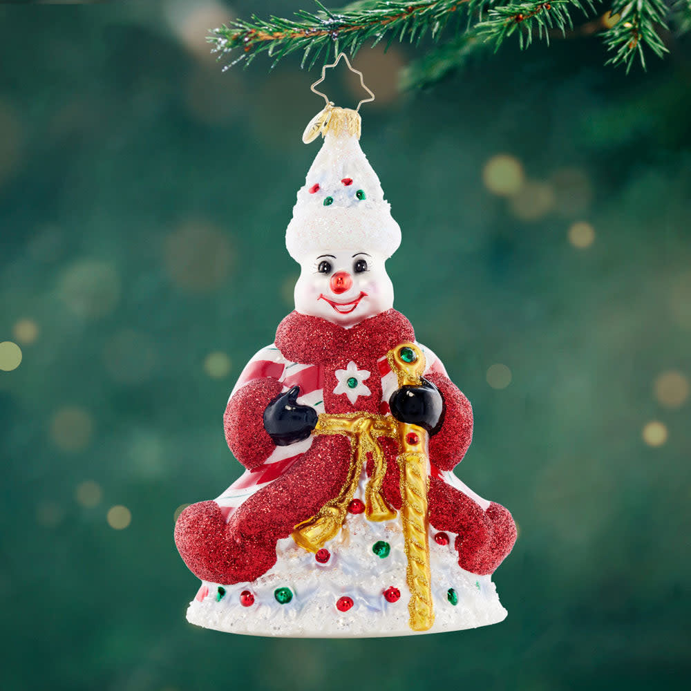 Peppermint Sparkle Snowman ornament with glittery silver accents on a white body.