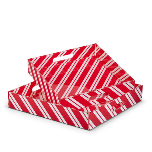 Acrylic serving tray with festive peppermint red and white diagonal stripes.