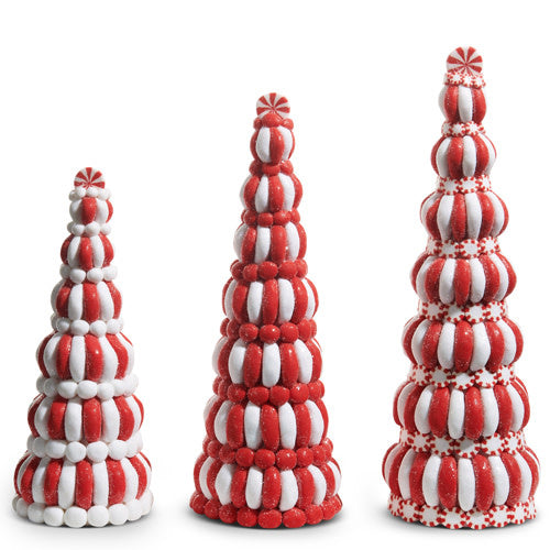 Clay dough peppermint tree decoration with green leaves and red striped candy cane silhouette.