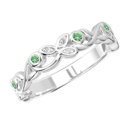 Peridot vine infinity stack ring featuring green stones in a leafy band