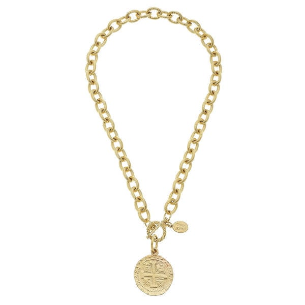 Textured gold toggle necklace featuring a 17th-century Peruvian cob coin pendant on an adjustable chain.