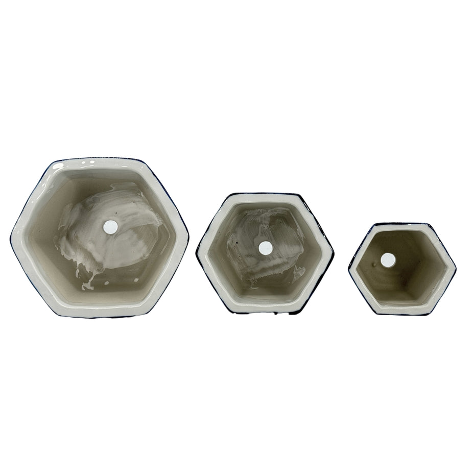 Blue & White Hexagon Floral Ceramic Ruffled Lip - Sold Individually