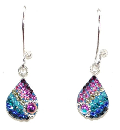 Sterling silver petite dew drop earrings featuring Austrian crystals in a faceted silhouette with sparkling patterns.