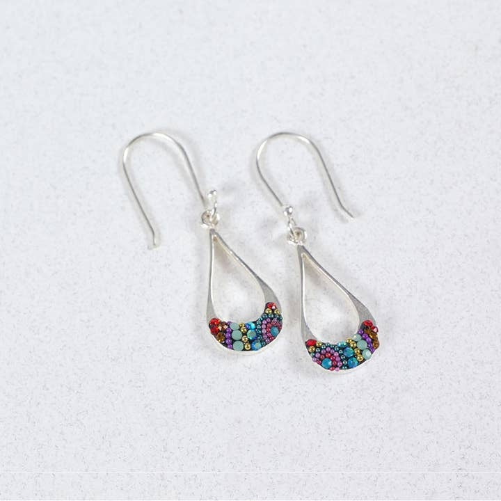 Sterling silver petite long drop hoop earrings featuring Austrian crystals in a sparkling pattern.