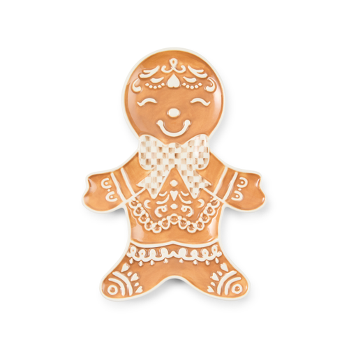 Mocha Check Gingerbread Spoon Rest, a gingerbread man shaped ceramic dish with white icing details.