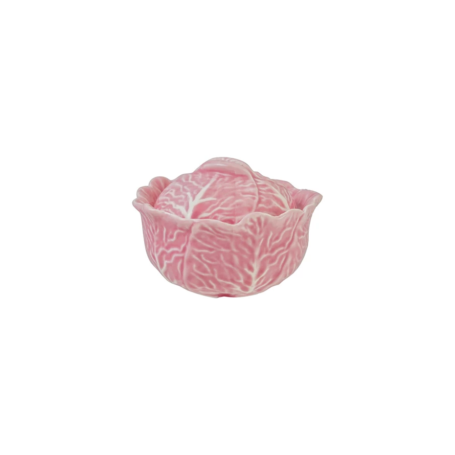 Pink stoneware cabbage-shaped baker with a round base.