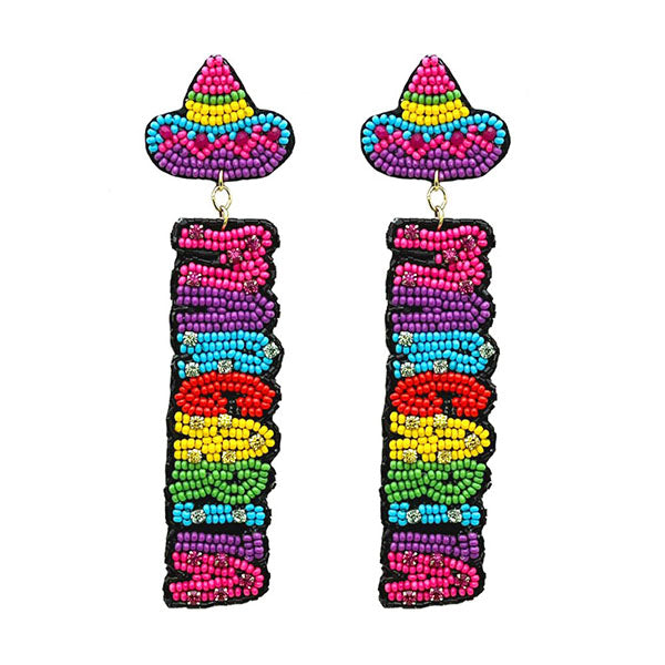 Gold-tone beaded Cinco de Mayo earrings featuring a festive sombrero silhouette with colorful fringe.