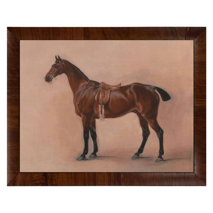 Vintage painting of a saddled brown horse in a dark wooden frame.