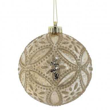 130mm mercury glass ornament with a glittery floret pattern and gold hanging string.