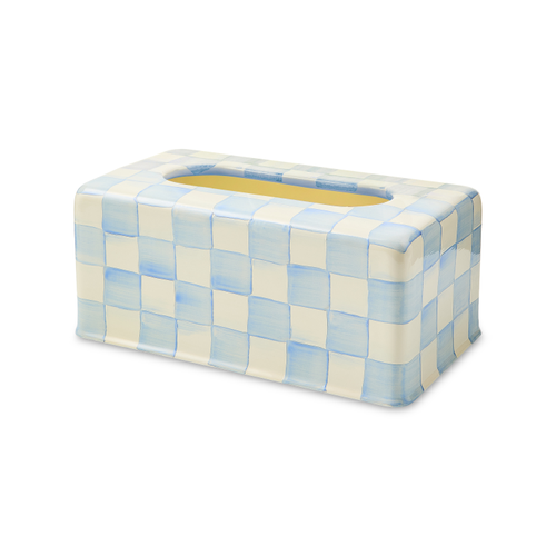 Sky Check tissue box cover in rosy hues with hand-painted check pattern on heavy-gauge steel.